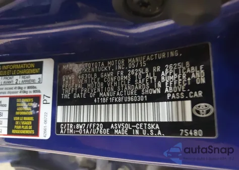 2015 Toyota Camry Se из США, поврежденный, VIN 4T1BF1FK8FU960301